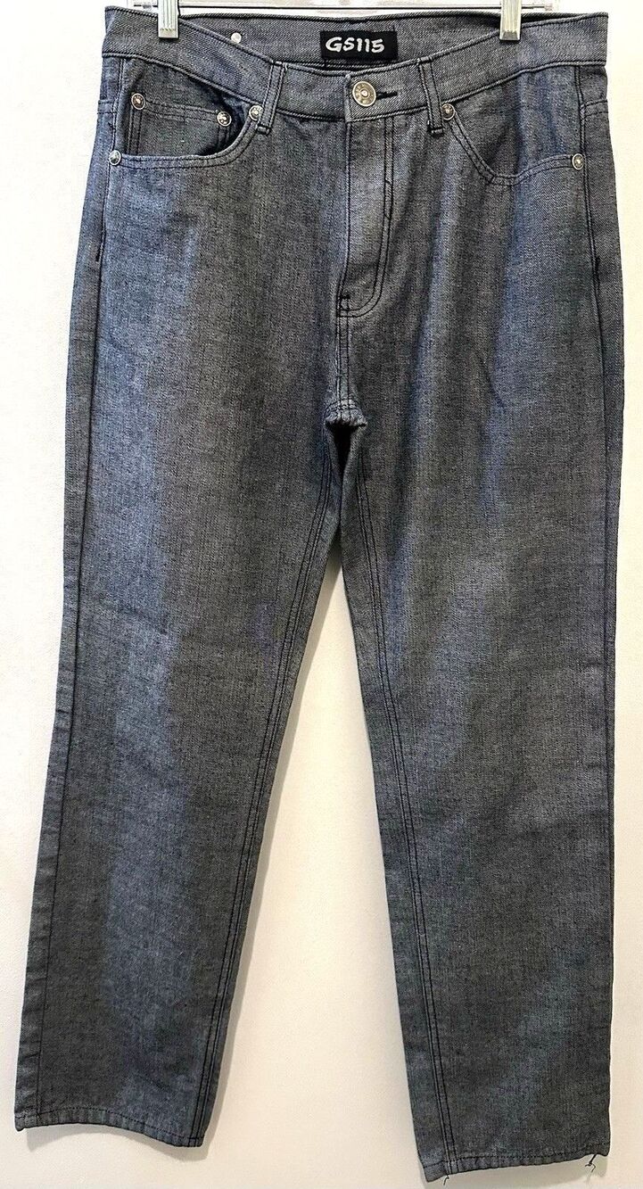 GS115 Jeans Mens 36 Gray Black Wash Y2K Embroidered Baggy Straight Denim 2000sy